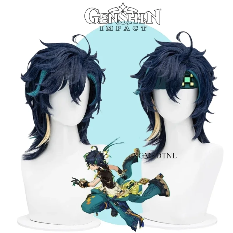 Kinich Cosplay Wig Genshin Impact Kinich Blue Green Hair Huitztlan Natlan Halloween Roleplaying Party Women Men Cos Props