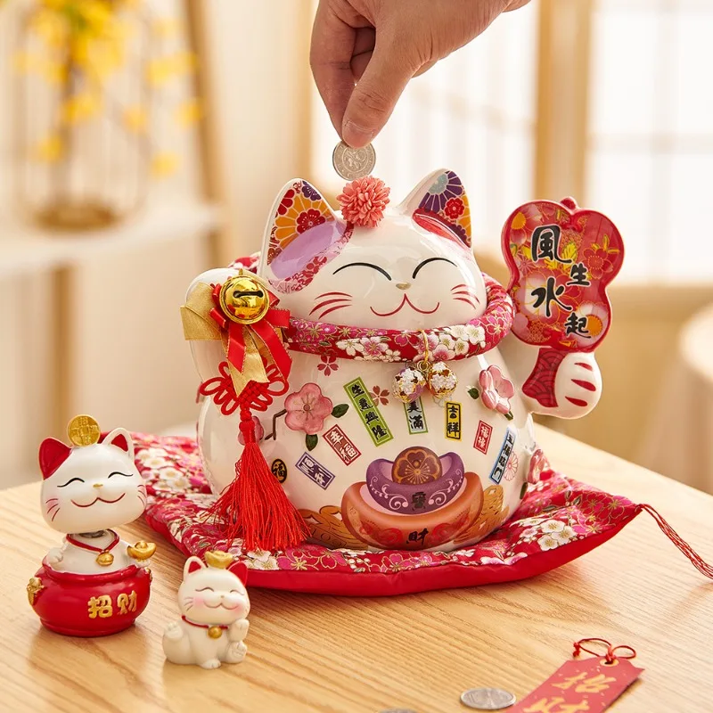 Ceramic Lucky Fortune Cat with Waving Arm Gold Feng Shui Decoration Lucky Cat for Shops Restaurants Living Room Storage Box