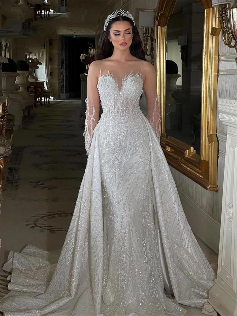 Robe de mariée brodée 2 en 1 avec col transparent et perles, manches longues, poignées, train amovible, personnalisé, patients, quelle que soit