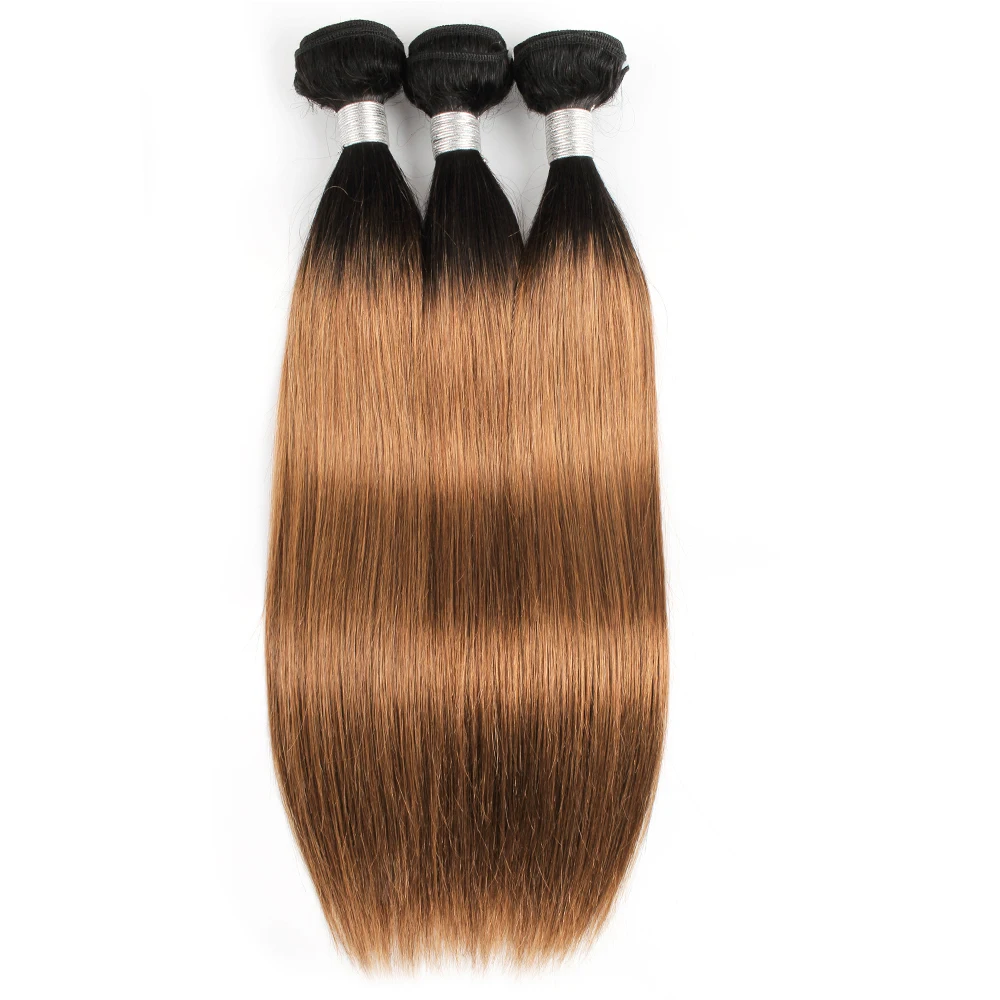 Gemlong T1B30 Ombre Color 3 Bundles With 4*4 Lace Closure Medium Auburn With Dark Roots Remy Brazilian Human Hair Extension