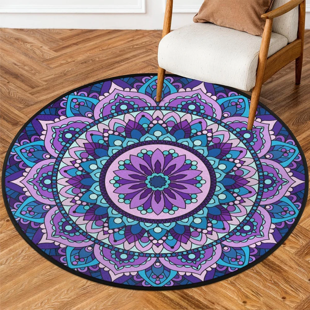Purple Blue Mandala Floral Round Rug Non Slip Washable Floor Mat for Living Room Bedroom Boho Ethnic Indoor Home Decor