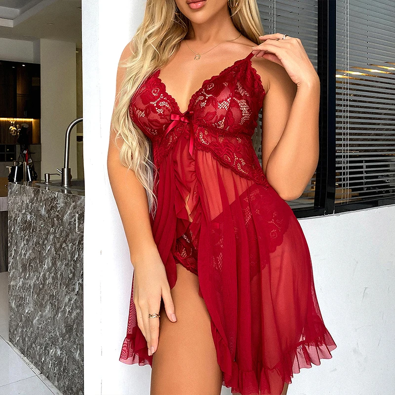 Sexy Lingerie Women Lace Romantic Nightgown Sheer Seductive Underwear Porn Night Dress Erotic Babydoll Evening Wear Two Piece