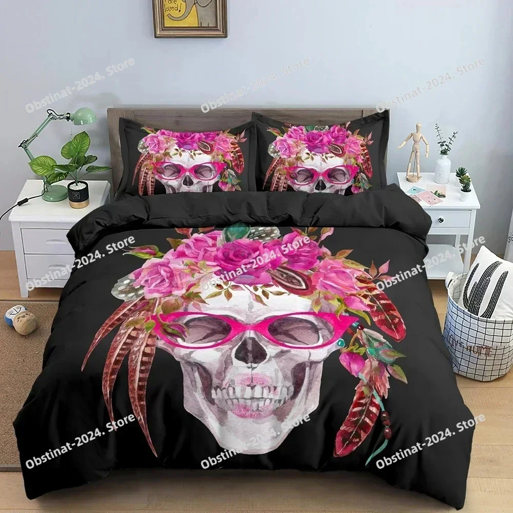 3D Print Skull Flowers Bedding Set Printed single Comforter Quilt Bed Cover Duvet Cover Pillow Case 3 Pieces Set Kids Adult Size