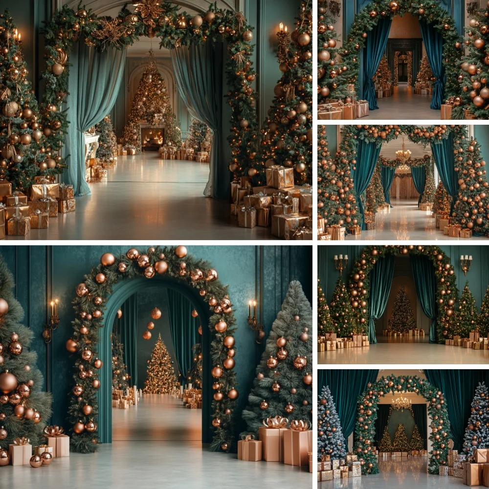 Christmas Photography Backdrop Luxury Arch Curtain Xmas Tree Gift Scene Holiday Family Portrait Photoshoot Studio Decor Prop