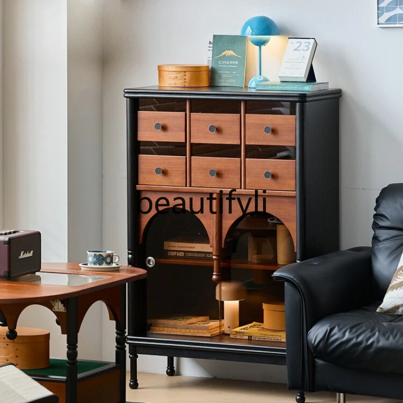 

French retro solid wood chest TV side cabinet Living room wall storage low dining side cabinet