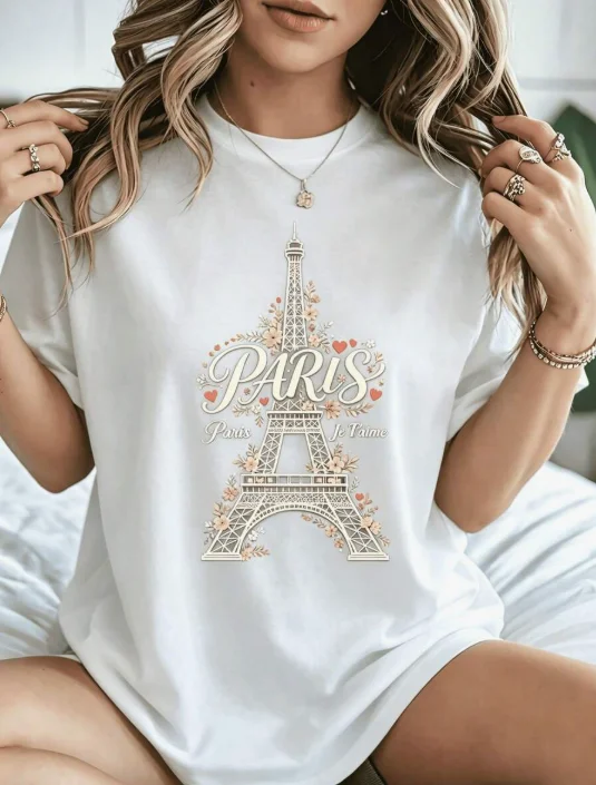 2026 Fashion New Women Summer Crew Neck Short Sleeve T Shirt Floral Eiffel Tower Paris Je T Aime Letter Print Paris Travel Vacation Outfit Gift For Her Daily Casual Basic Top Tee