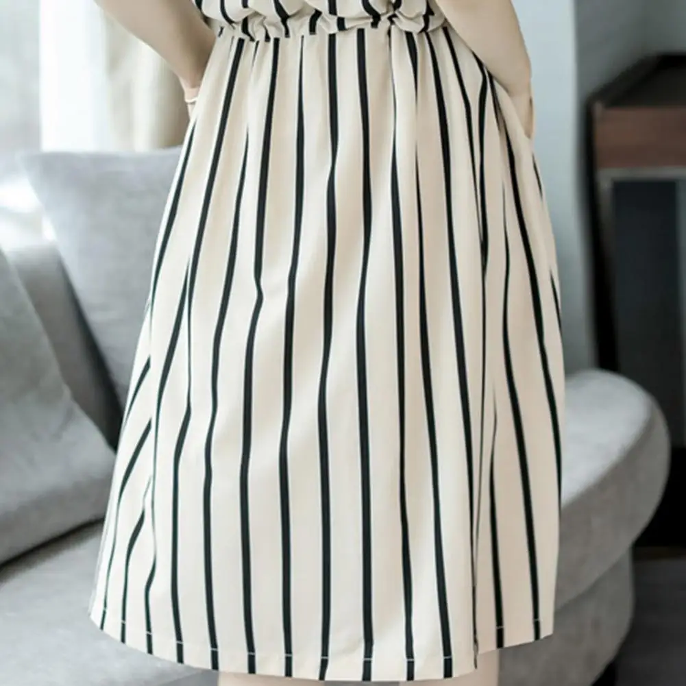 Loose Korean Dress Women Summer O-neck Half Sleeve Slant Pockets Tunic Dress Casual Vertical Striped Print Midi Dress