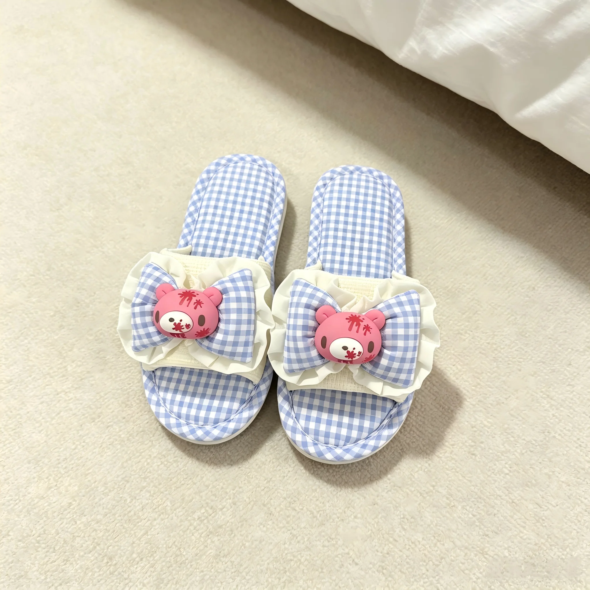 Cute Bear Decor Bow Plaid Slippers Women Soft Lattice Open‑toe Slides Indoor Home Casual Shoes Two Colors Available