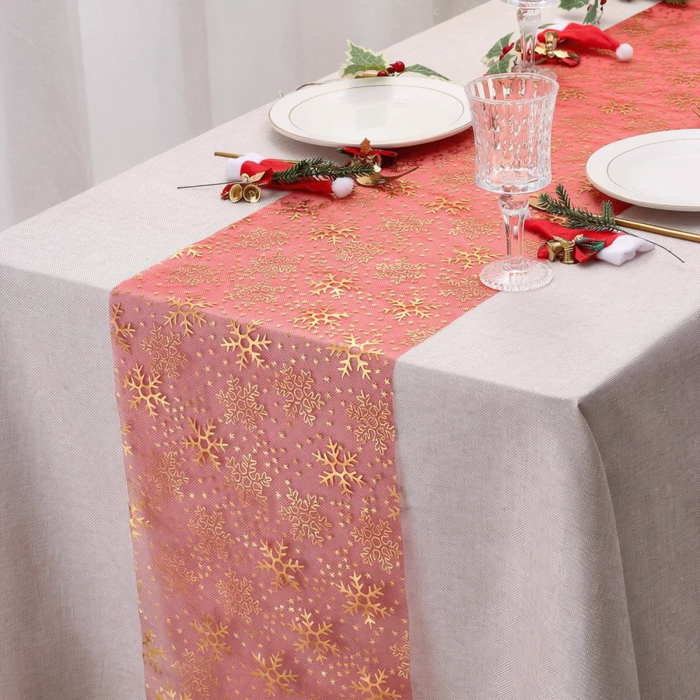 Sparkling Gold Silver Foil Table Runner Organza Snowflake Elk Pattern Dining Room Decor For Festive Seasons
