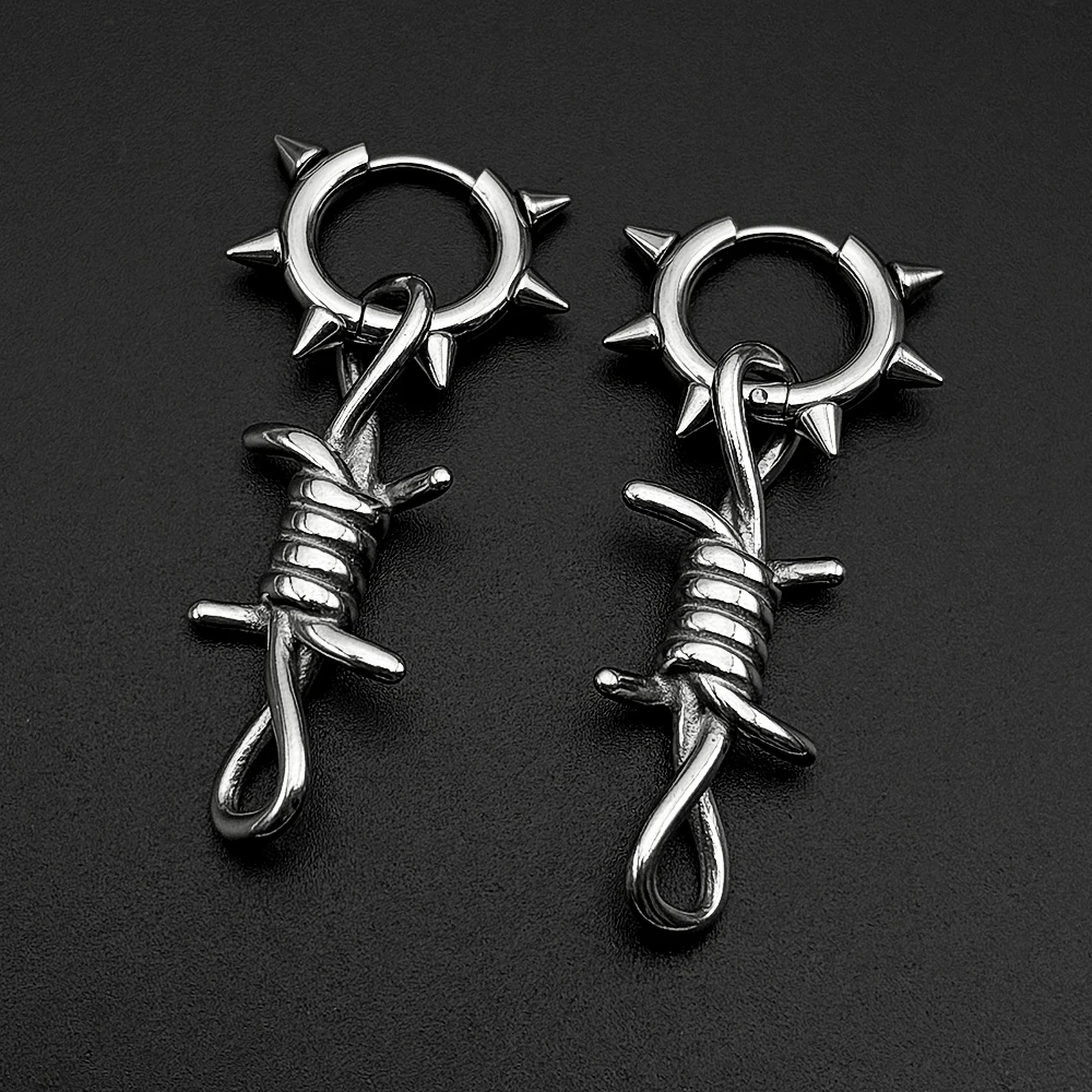 Hiphop Punk Barbed Wire Circle Earrings Stainless Steel Gothic Huggie Hoop Ear Ring Women Korean Rapper Jewelry Accessory