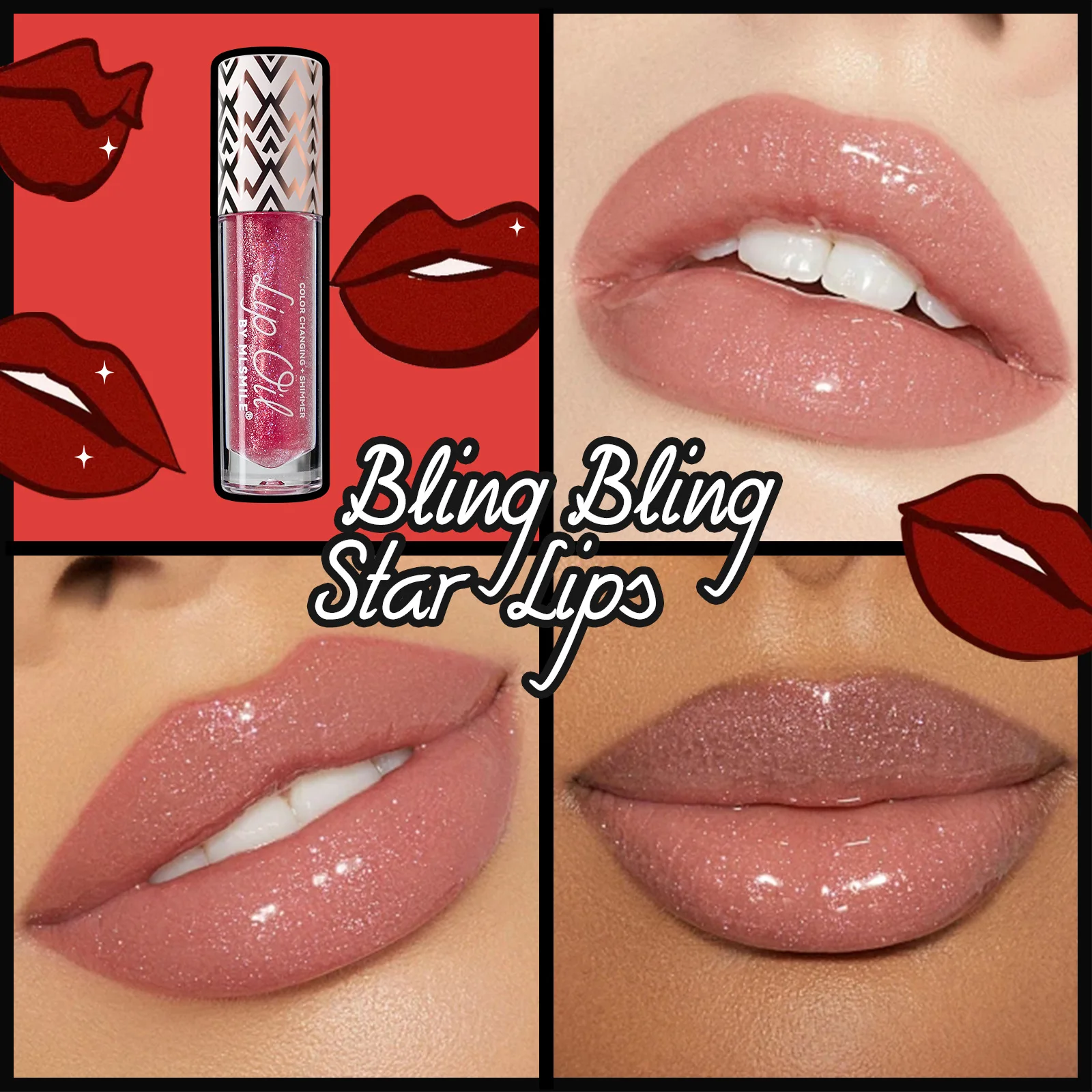 Lippenbalsam mit getönter Temperatur, glitzernder Lipgloss, feuchtigkeitsspendend, rot-orange, transparenter Lippenlack, schimmernde Tönungskosmetik