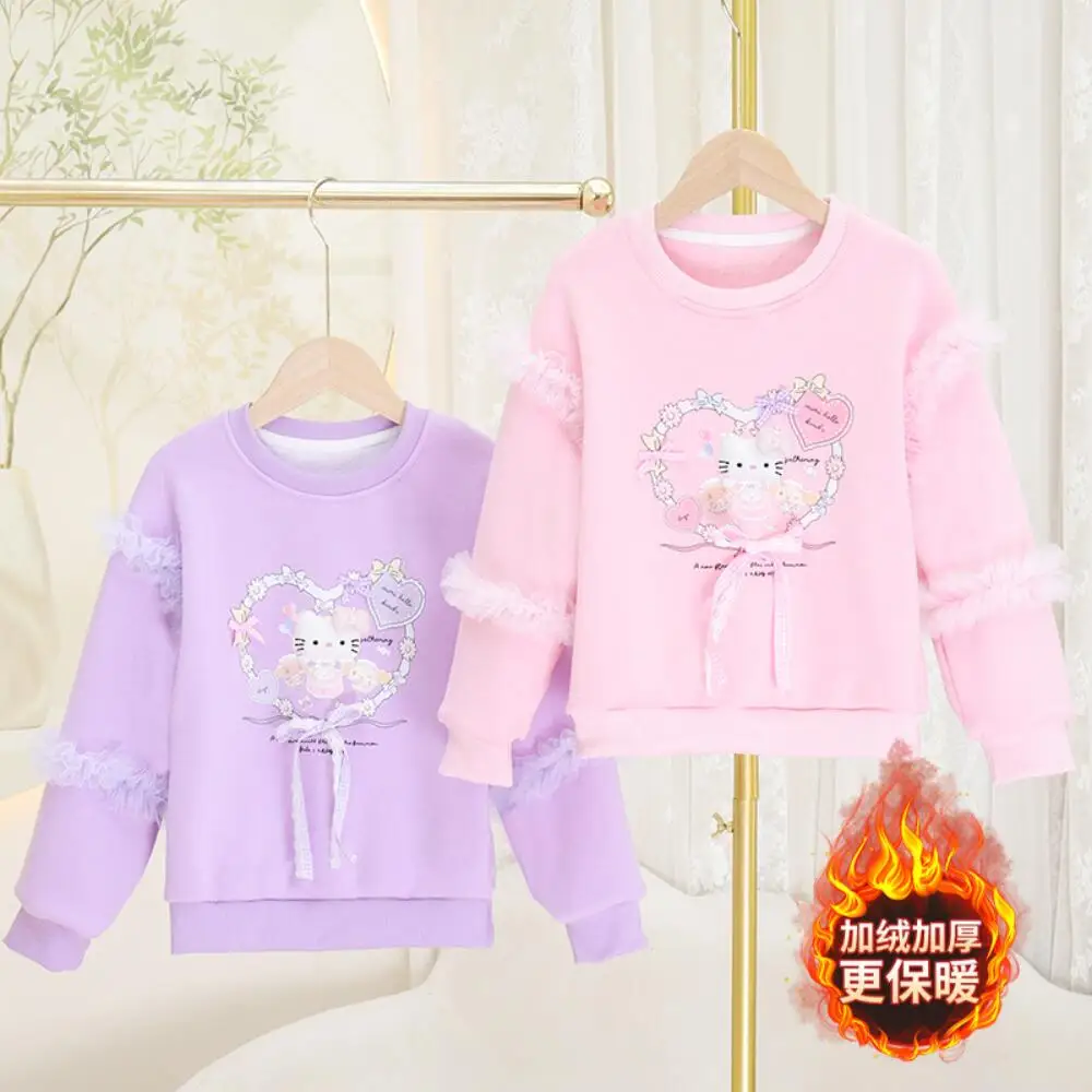 

Sanrio Hello Kitty Girls Kawaii Fleece Sweatshirt Autumn New Children's Cartoon Printed One-Piece Velvet Top Girls Pullover