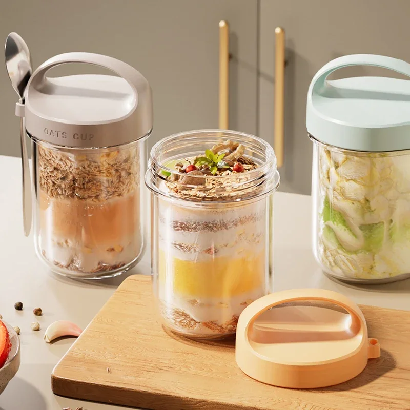 

430ML New Breakfast Cups Oatmeal Cereal Nut Yogurt Salad Cup Leakproof Glass Oats Container With Lid Spoon Food Storage Box