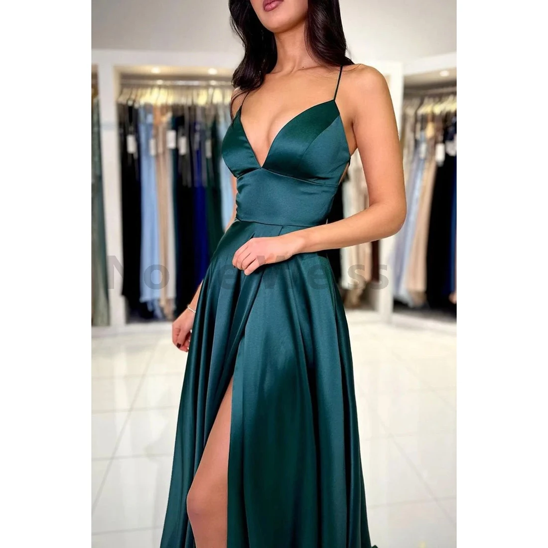 Satin Prom Dress V-Neck Floor-Length A-Line Evening Gown with Split Customize