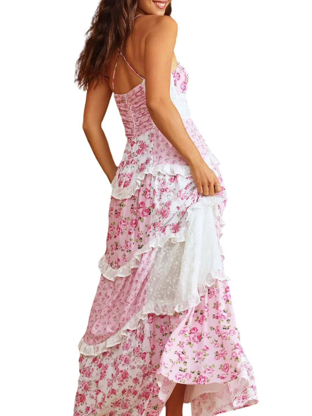 Abito patchwork estivo casual da donna Abiti corti gonfi con scollo all'americana e volant a strati