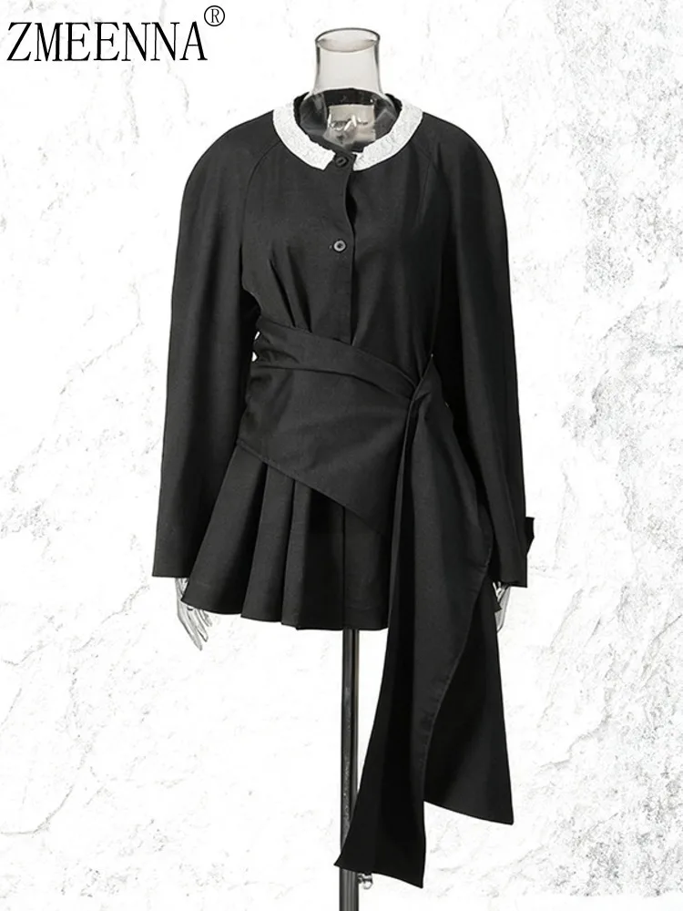 

ZMEENNA Womens Black Asymmetric Peplum Jacket With Long Sleeve Waist Tie Wrap Elegant Casual Blazer Outerwear ZM4700