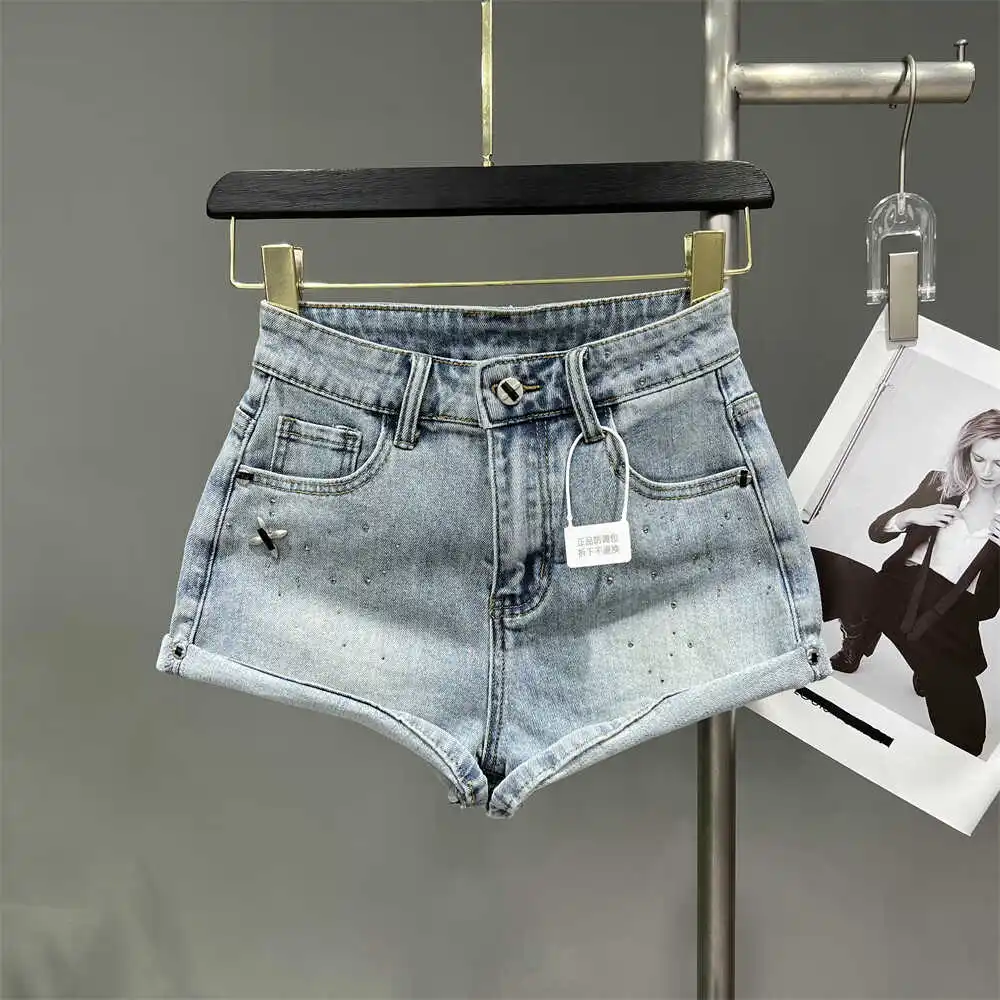 Faionable Low-Waist Flared Denim orts Glittery Trendy Summer Wear A-Line Hot Pants Neutral Sle High Waist Zipper Closur...