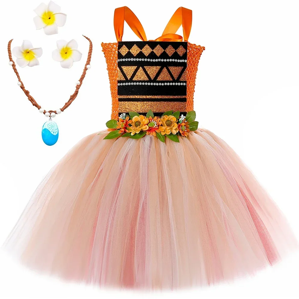 Polynesian Princess Costume for Girls Fancy Hawaiian Tribal Tulle Tutu Dress Kids Beach Themed Halloween Birthday Party Dress Up