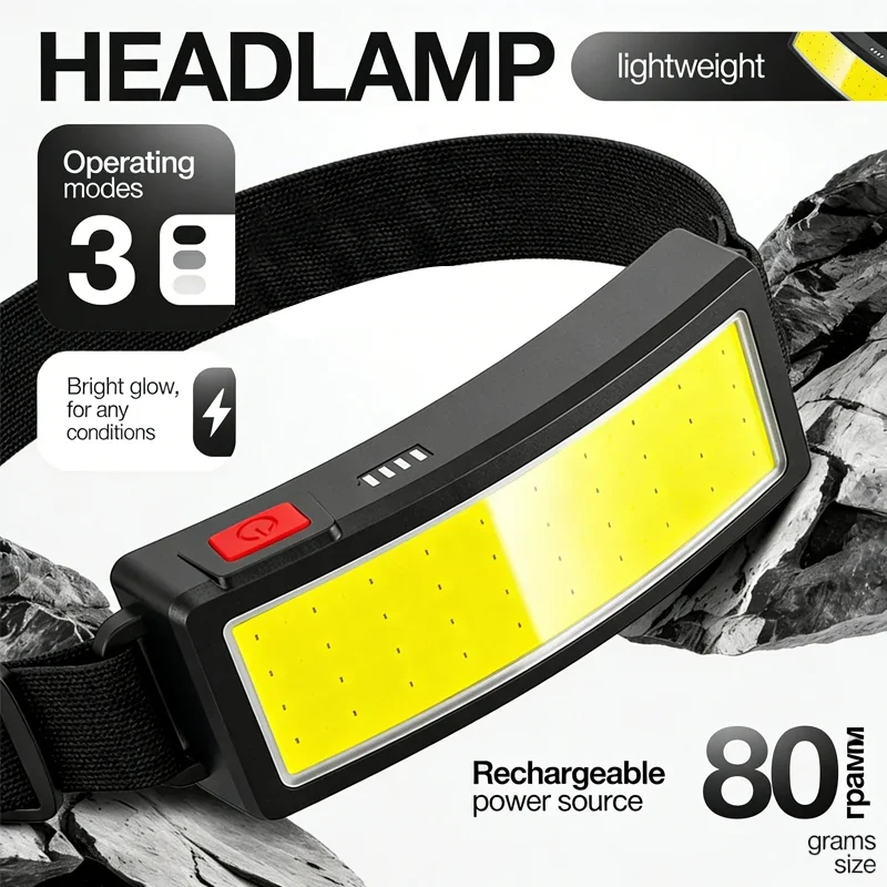 COB180 ° Floodlight LED Headlight, 3 Modes Healamps Built-in USB Rechargeable Battery Headlight, Outdoor Hiking Camping Light