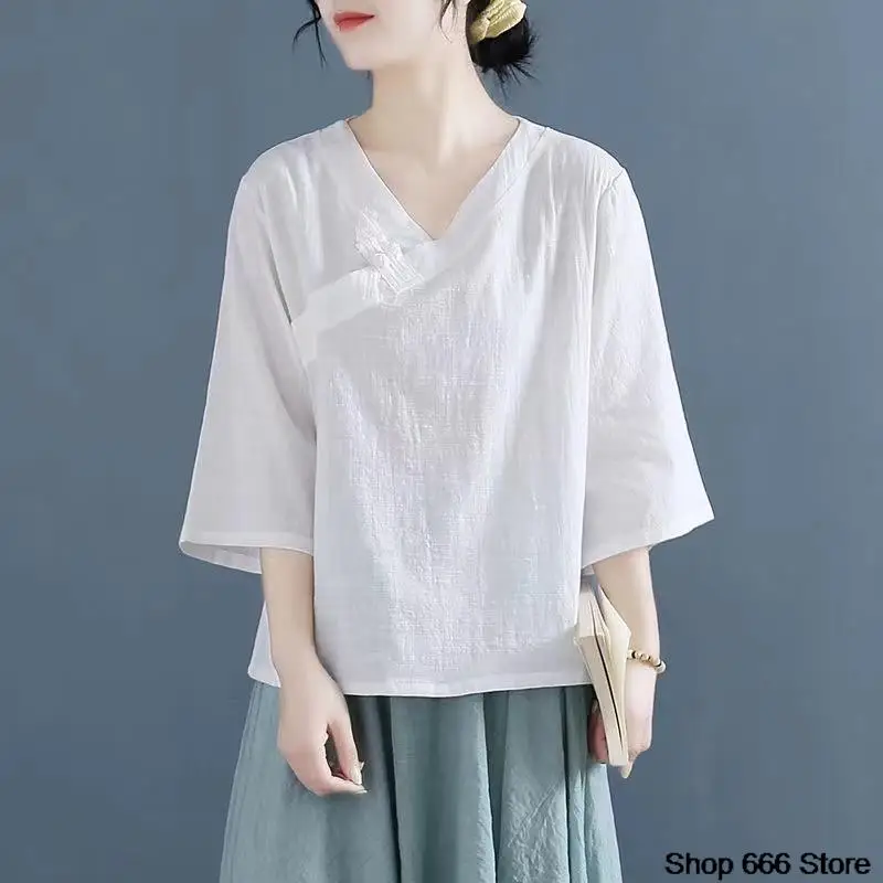 Chemise en lin de coton pour femmes, vêtements d'été, style chinois vintage, robes élégantes, vêtements traditionnels, haut à manches longues, col en V