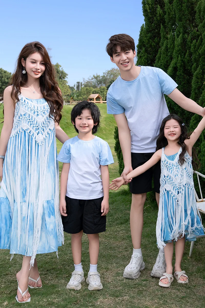 2 قطعة مجموعة شاطئ البحر عطلة ارتداء 2 قطعة مجموعة 2025 مطابقة الأسرة الملابس أمي أبي ابنة ابن الصيف هامش فستان الشاطئ