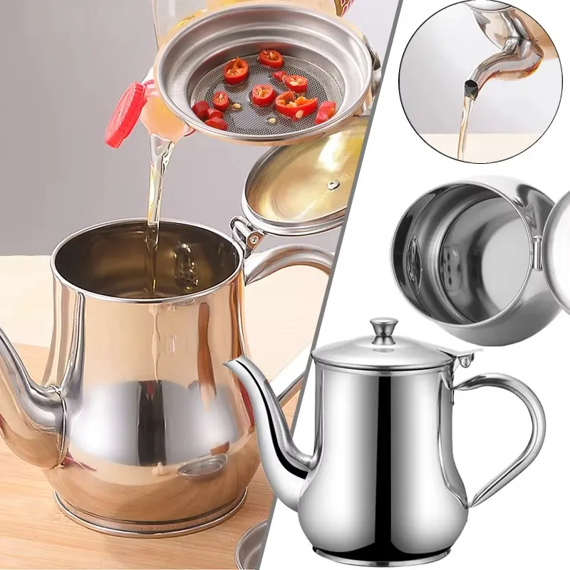 1Pcs Household Stainless Steel Oil Pot with Filter Oil Filter Pot Cooking Household Leak Proof Oil Pouring Seasoning Bottle