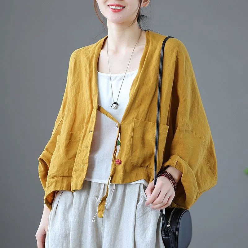 

Retro Japanese Sle Women's V-Ne Cotton Linen Loose Outerwear Artistic Large Size Open Cardigan Long Sve Button up