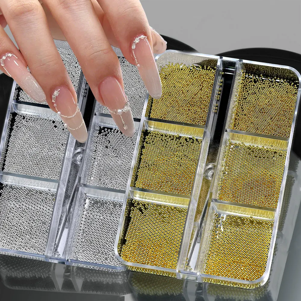 6Grids 3D Pixie Gold Silver Caviar Beads Nail Rivets 0.6-1mm Round Steel Ball Nail Rhinestones Charms Manicure Nail Decoration #