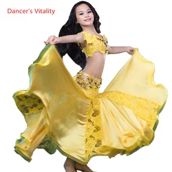 Girls Professional belly dancing clothes luxury children sleeveless T-shirt+lace long skirt 2pcs belly dance set kids dance suit