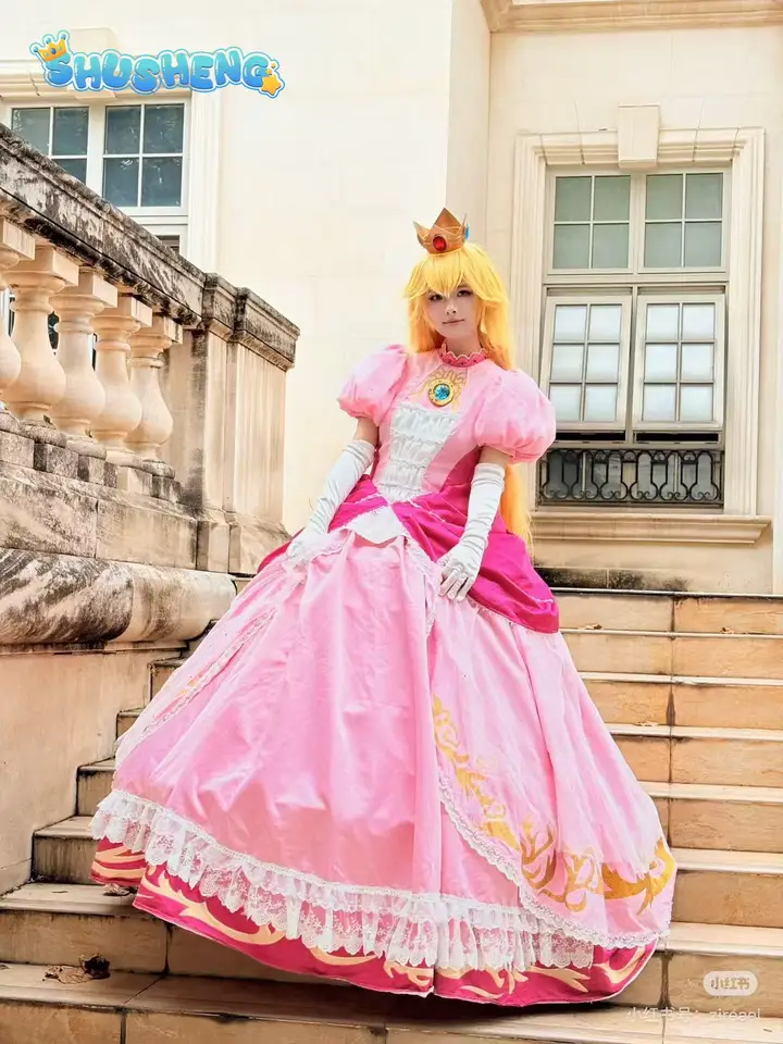 ピーチ姫コスプレピーチ姫キノコ衣装ピンクプリンセスドレスウィッグ