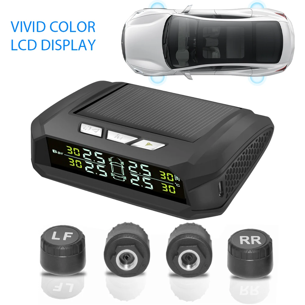 شحن لاسلكي بالطاقة الشمسية/USB TPMS مع 4 أجهزة استشعار خارجية نظام مراقبة ضغط الإطارات شاشة LCD لشاحنة RV Sedan SUV