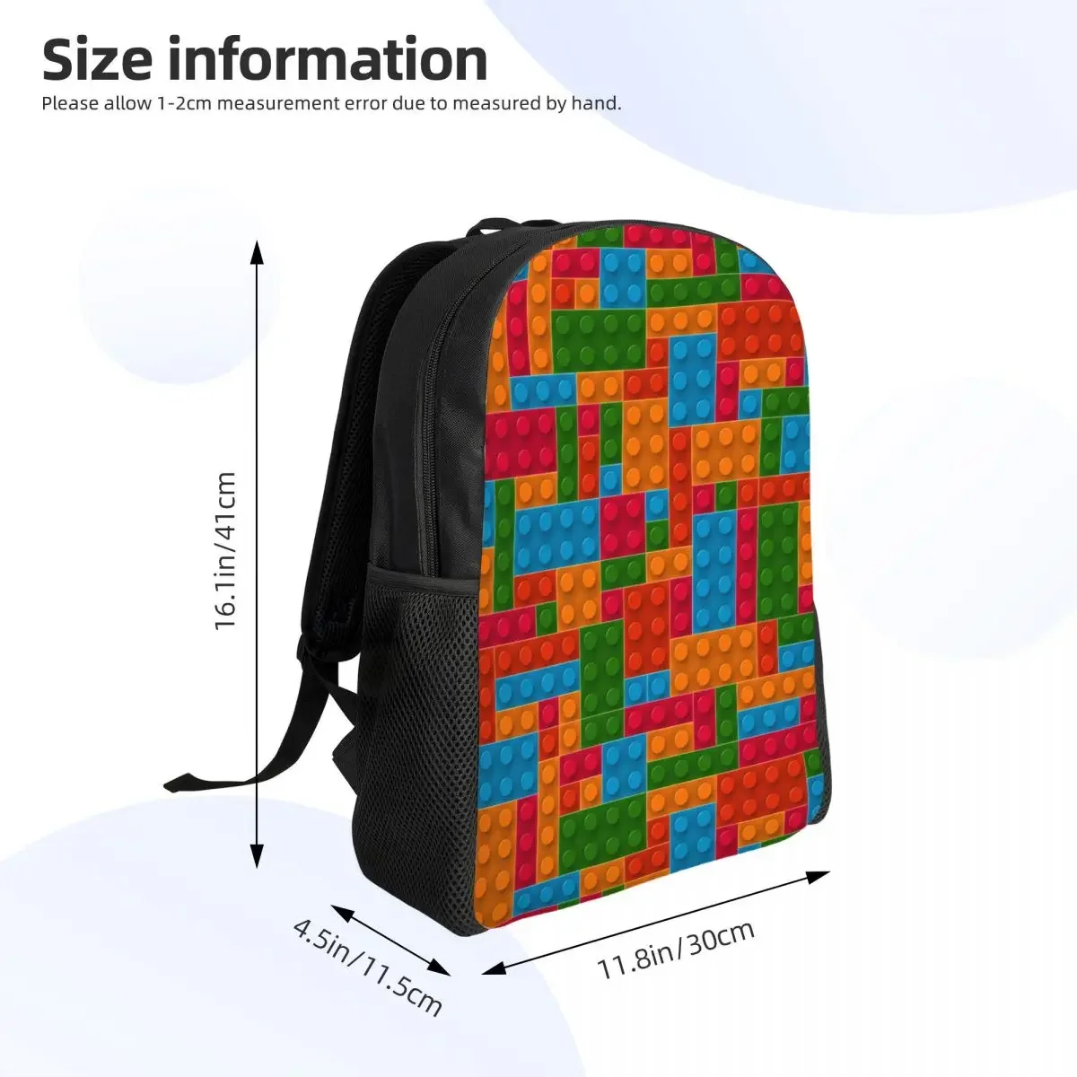 Customized Colorful Building Plastic Brick Toy Blocks Patterns Backpack Men Women Basic Bookbag for School College Bags