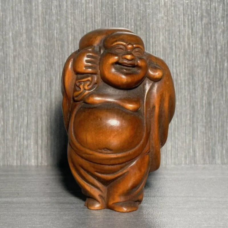 Antique China Boxwood Carved Laughing Buddha Statue Sculpture Figurines Artwork