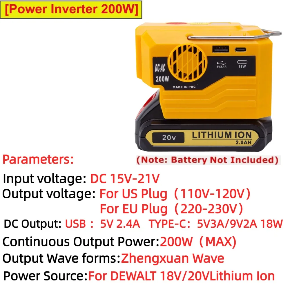 

200W Power Inverter，for DEWALT 18V/20V Lithium Ion ,Battery Adapter with 110V~230V AC Outlet with USB LED Light （No Battery）