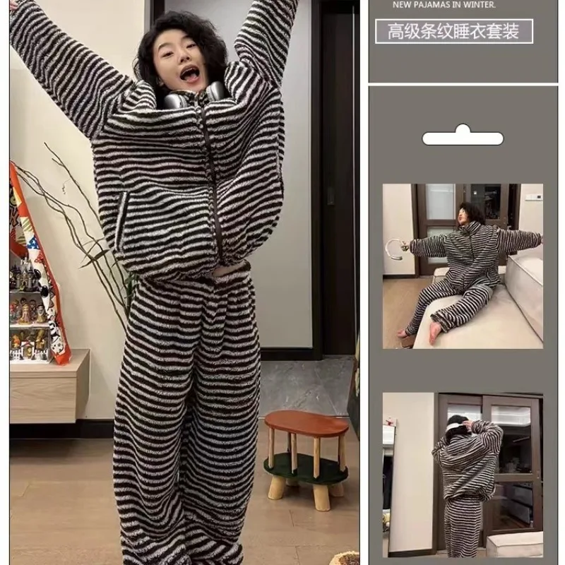 

Женская одежда для сна 2025 — новый фланелевой комплект домашней одежды осень/зима — коралловый флис с толстым наполнителем и молнией для тепла пижамы