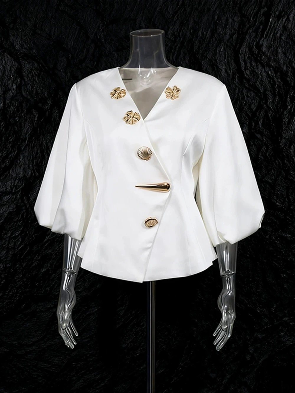 2025 جديد عصري زر معدني خليط نفخة الأكمام الخامس الرقبة حزام تي شيرت-GZXXX341