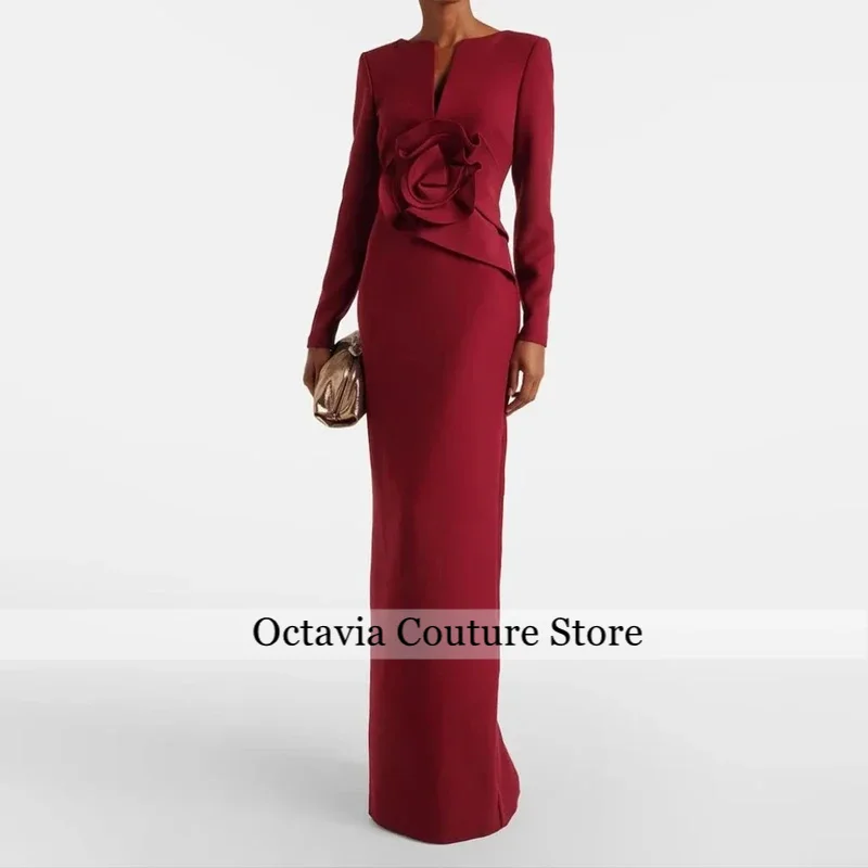 

Elegant Evening Dress Customized V-Neck Long Sleeves Modern Jersey Evening Gowns Pleated Flower Straight Prom Dresses