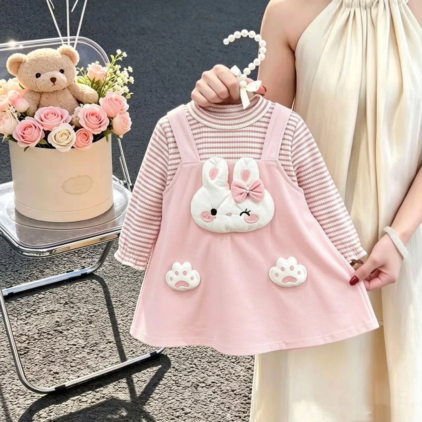9 Months -4 Years Old Spring And Autumn New Bunny Long Sleeved Baby Girl Dress, Sweet Bow Children'S Clothing