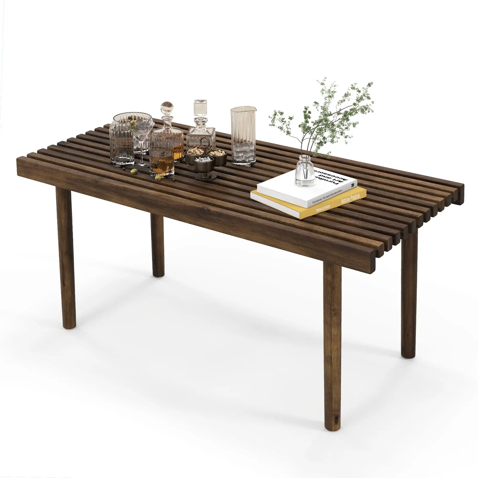 GOFLAME 98cm Coffee Table Rubber Wood Center Table with Slatted Tabletop