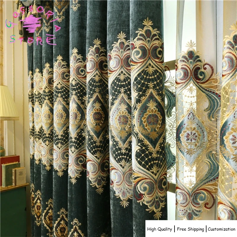 

Sample Custom European High Quality Blue Green Embroidered Curtains for Living Room Windows Luxury Elegant Drapess for Bedroom