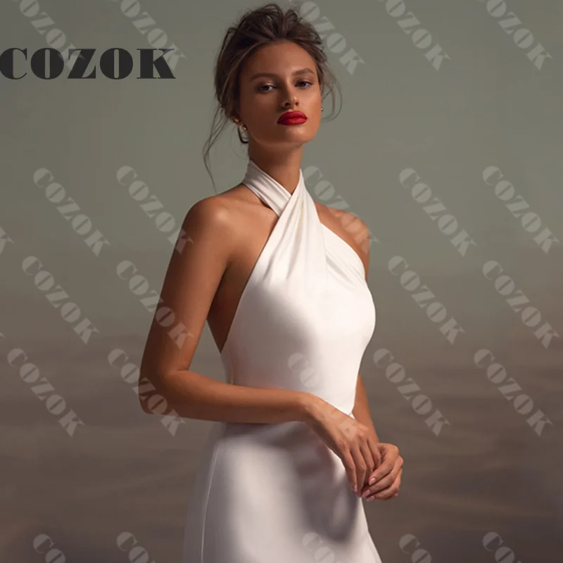 Cetim sexy encantador simples vestidos de casamento halter pescoço sem mangas sem costas vestidos de noiva de novia personalizado zx03