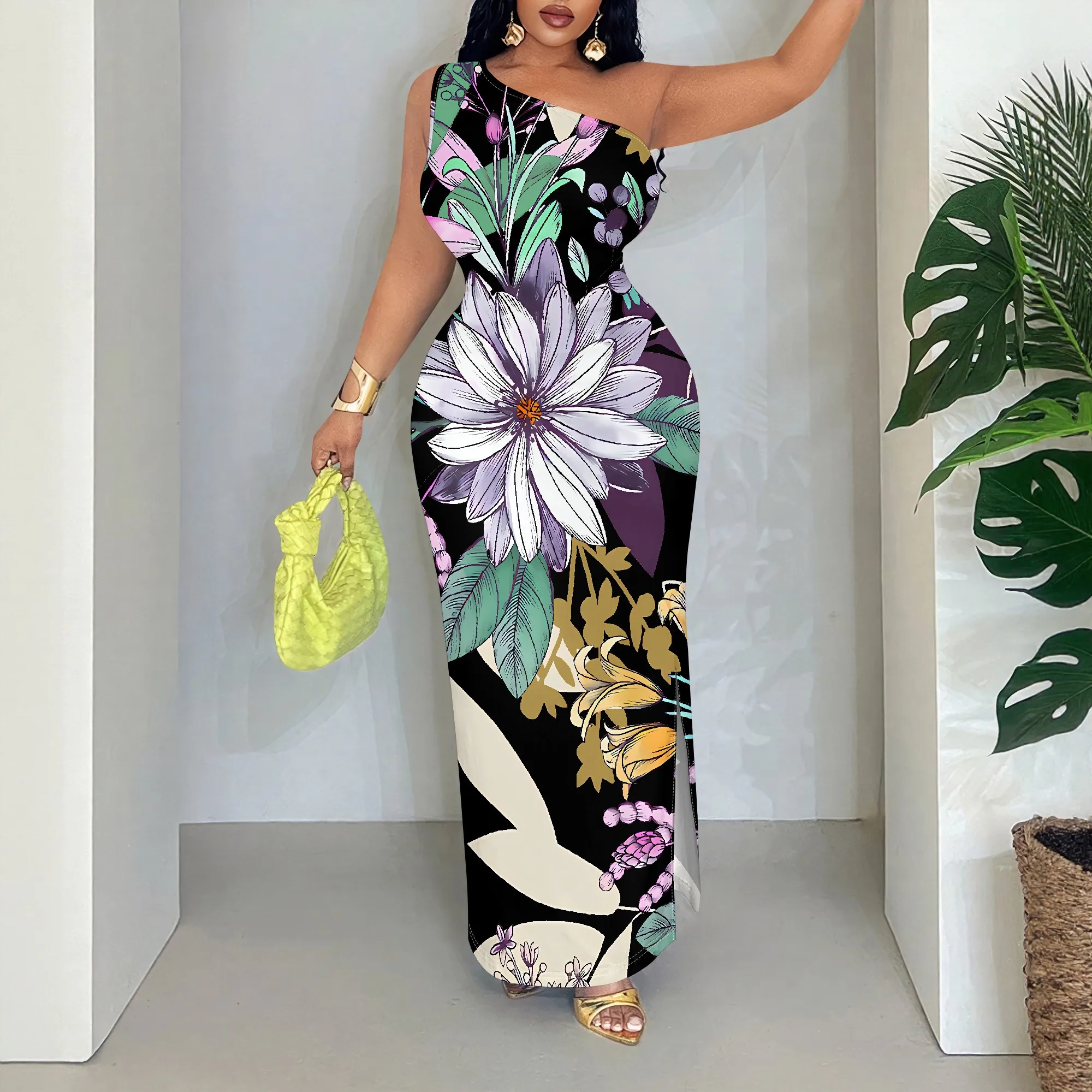 

Floral Maxi Dress, Sleeveless One Shoulder, Asymmetrical Neckline, Elegant Party Wear, S-2XL