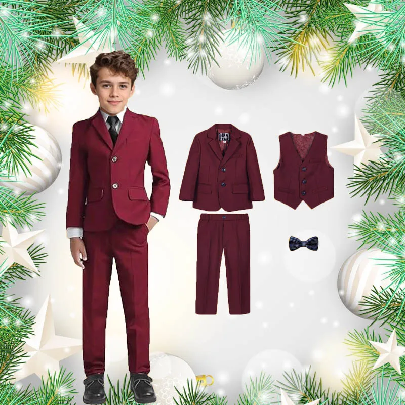 Children Piano Dress Kids Graduation Performance Costume Boys Burgundy Red 4Pieces/Set Jacket Vest Pants Bowtie Photograph Suit