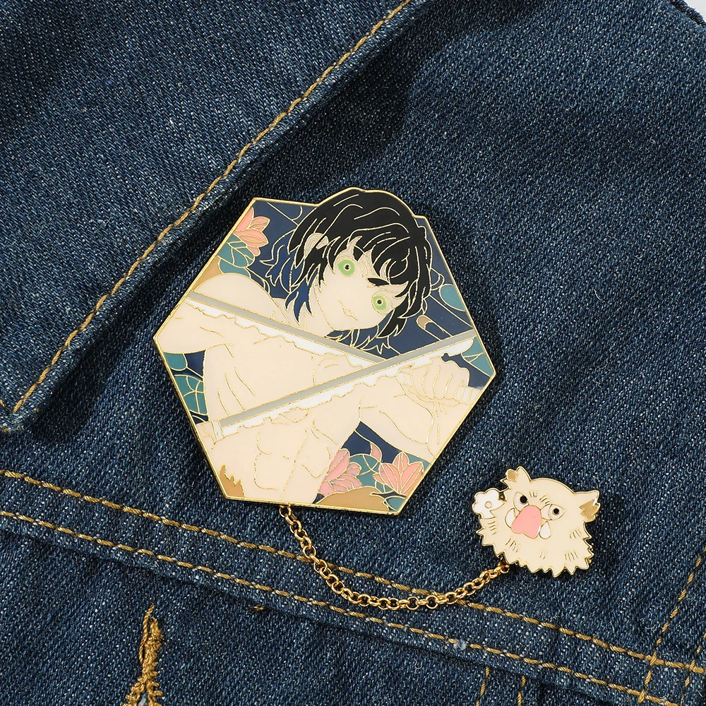 Broche de personajes de Anime Demon Slayer, insignia de botón de Agatsuma Zenitsu Kamado Tanjirou, joyería para ropa, accesorios de mochila