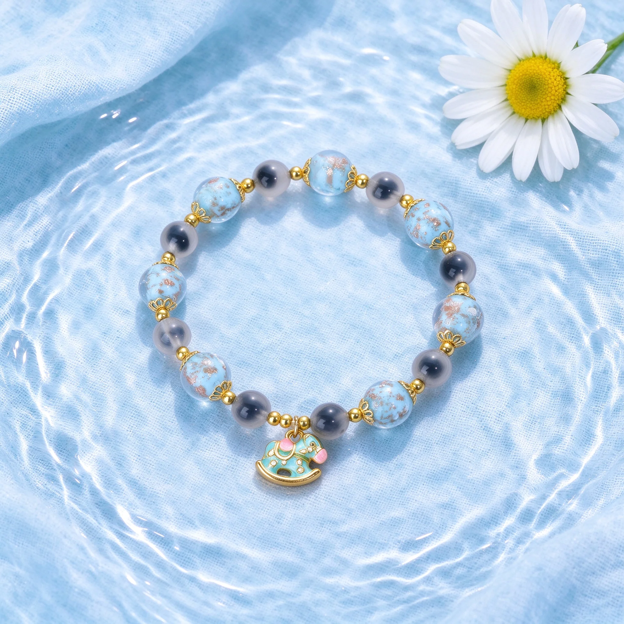 1pc Light blue round bead paired with small horse pendant bracelet, lucky new starting point theme, cute jewelry gift for women