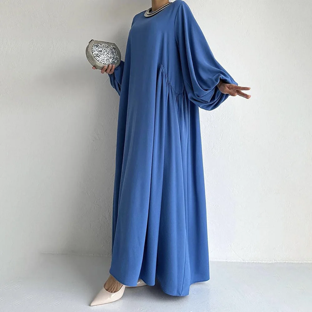 Punho elástico Flowy Dre para mulheres, manga de balão, suave Nida Abaya, costas plissadas, roupas islâmicas soltas, oração do Ramadã, muçulmano