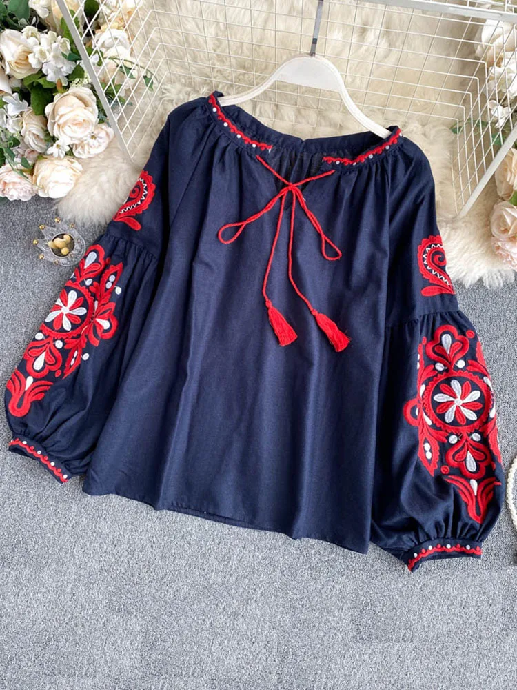 Women's Retro Blouse National Style Embroidered Lace-Up Tassel V-Neck Lantern Sleeve Tops Loose All-Match Female Blusa PL536