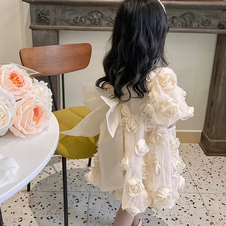 Korean high definition children's clothing girls 2024 summer dress children's sweet three-dimensional flower organza bow skirt