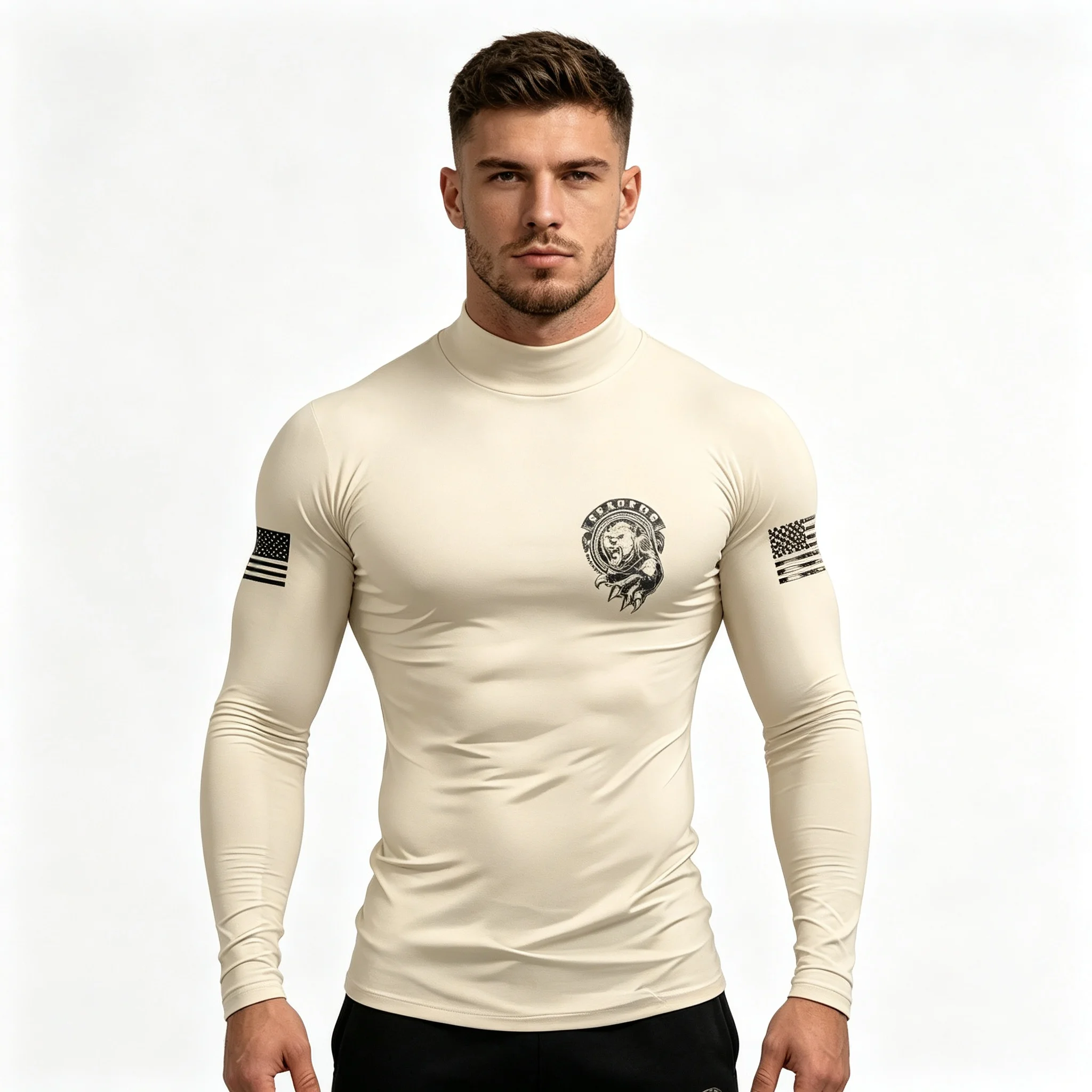 Men Mock Neck Compression Long Sleeve T‑Shirt Fearless Panther Patriot Print Tactical American Flag Sleeve Tops