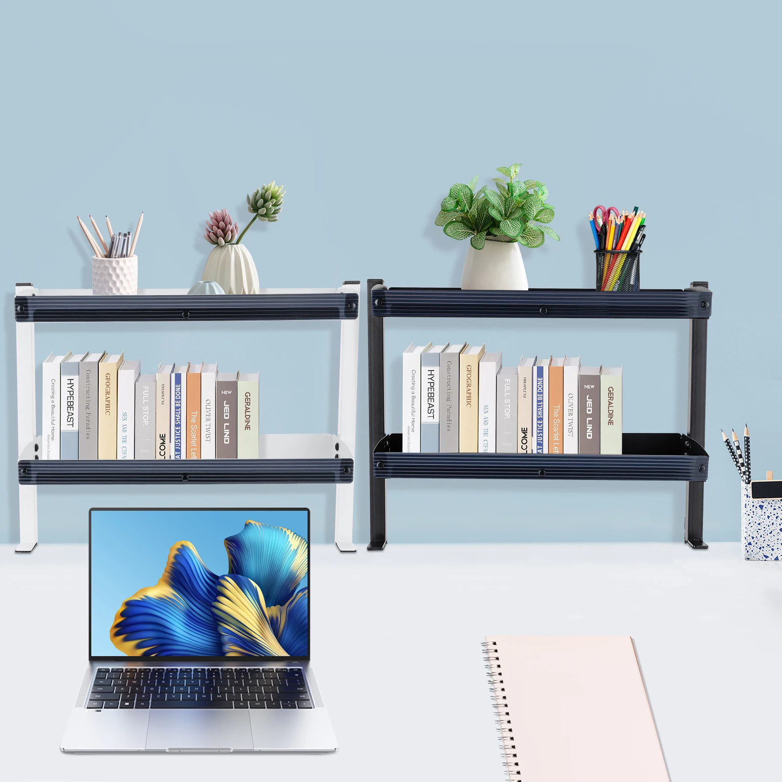 クリップオンデスクシェルフ、調整可能な収納トレイ付き2段シェルフ、黒/白